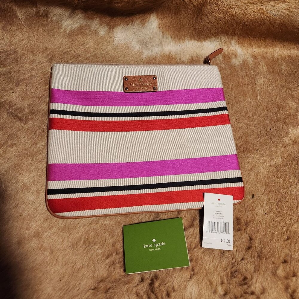 Kate Spade Striped Canvas Zipper Pouch With Leather Trim & Logo Plaque